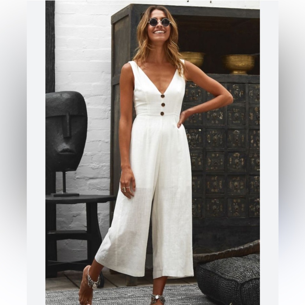Morning Mist Jumpsuit Size 6 Ivory Linen Cropped Wide Leg Tie Back Cut Out NWT🆕